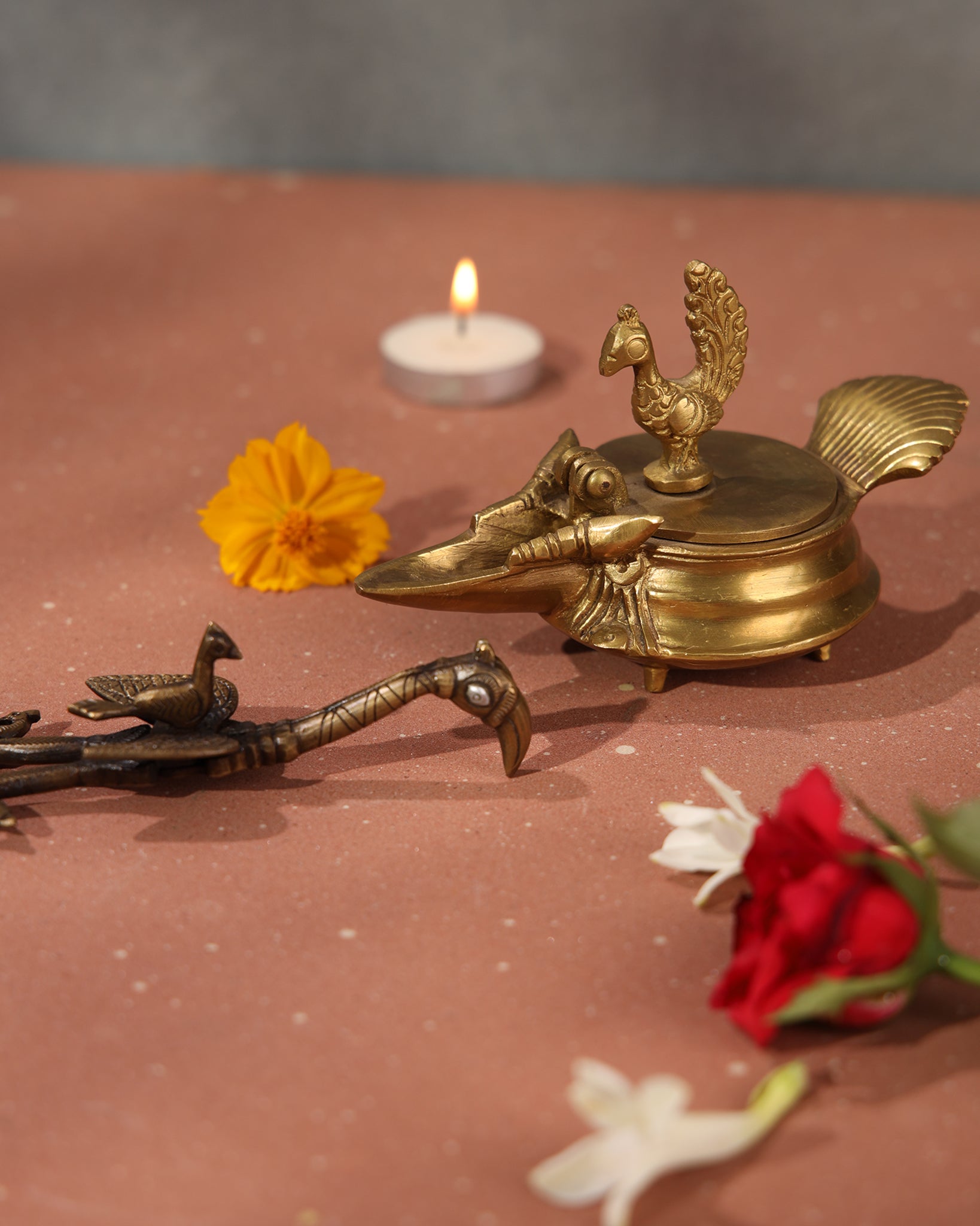 Brass Akhand diya with peacock lid , heavy diya