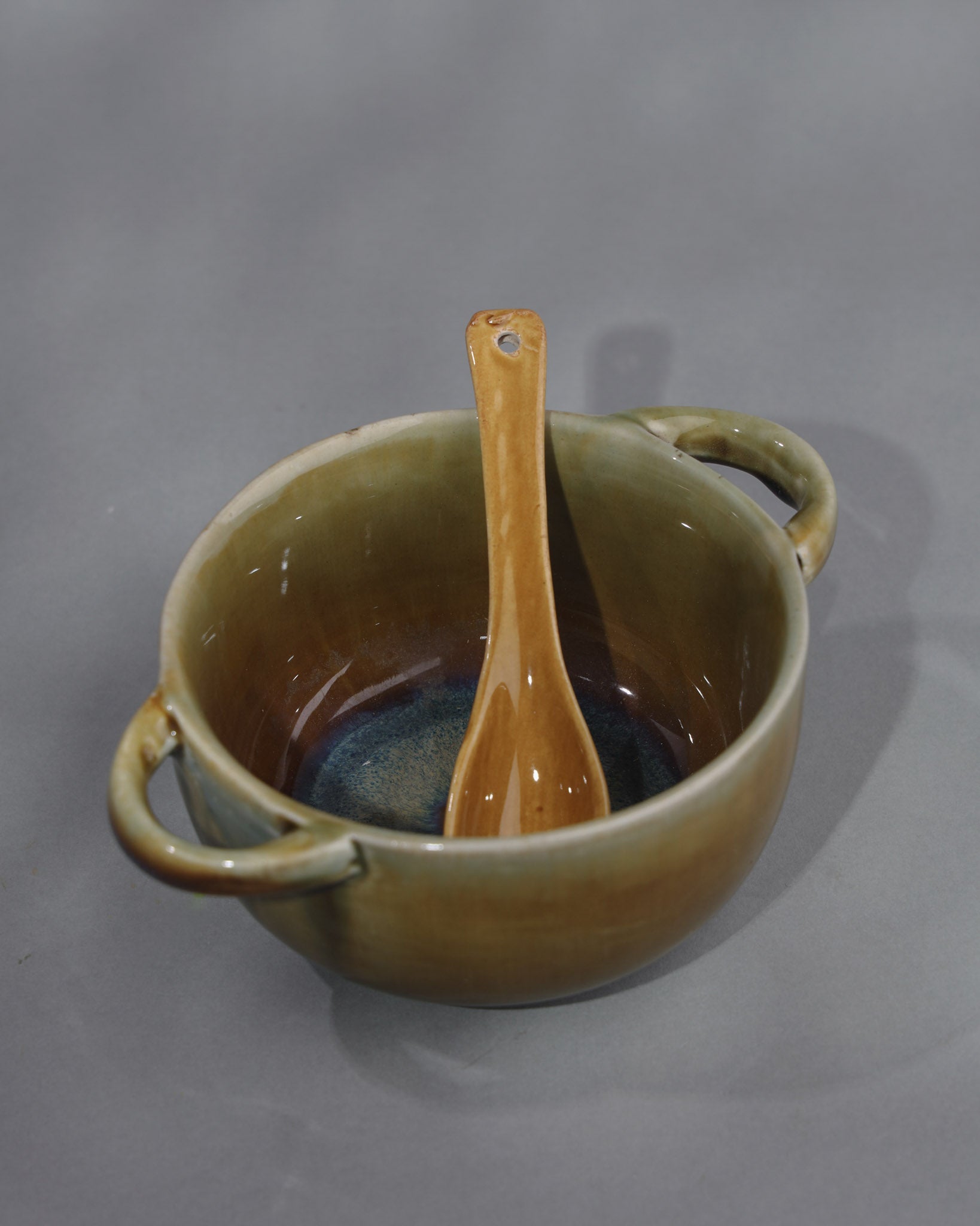 Studio pottery bowls with horizontal handle, turquoise and lapis mixed with earthern colours, good for hot soups, indus valley