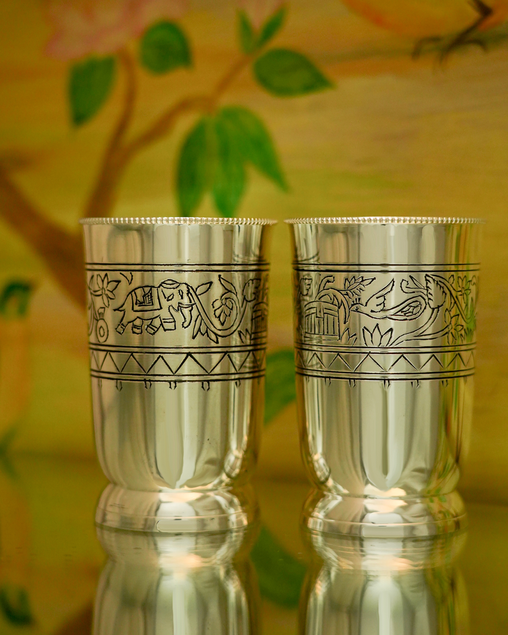 Silver glasses, hand etching, Marodi work