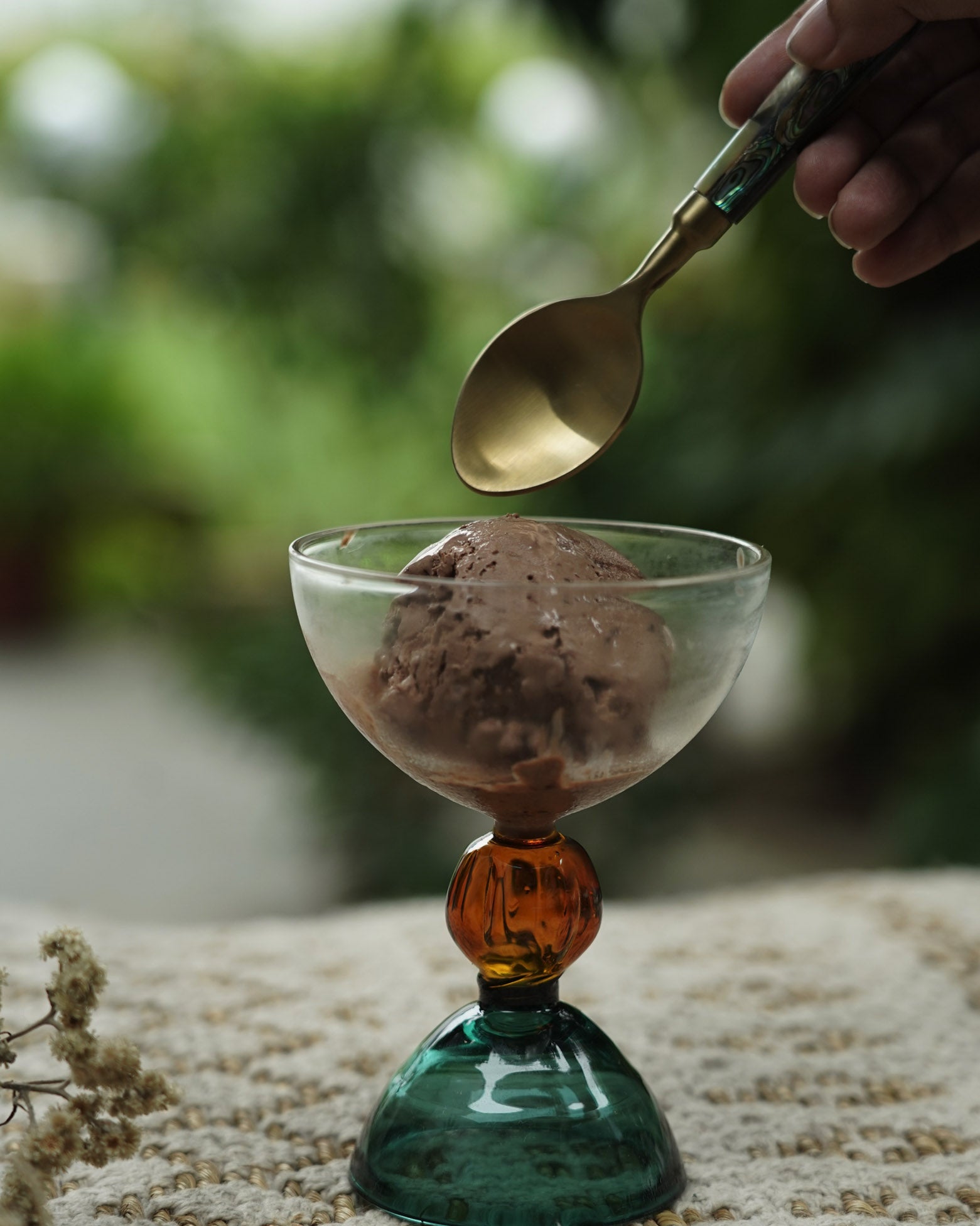 Triple coloured fused glass, mouth blown dessert cup, ergonomic for cold and hot desserts, coloured borosil