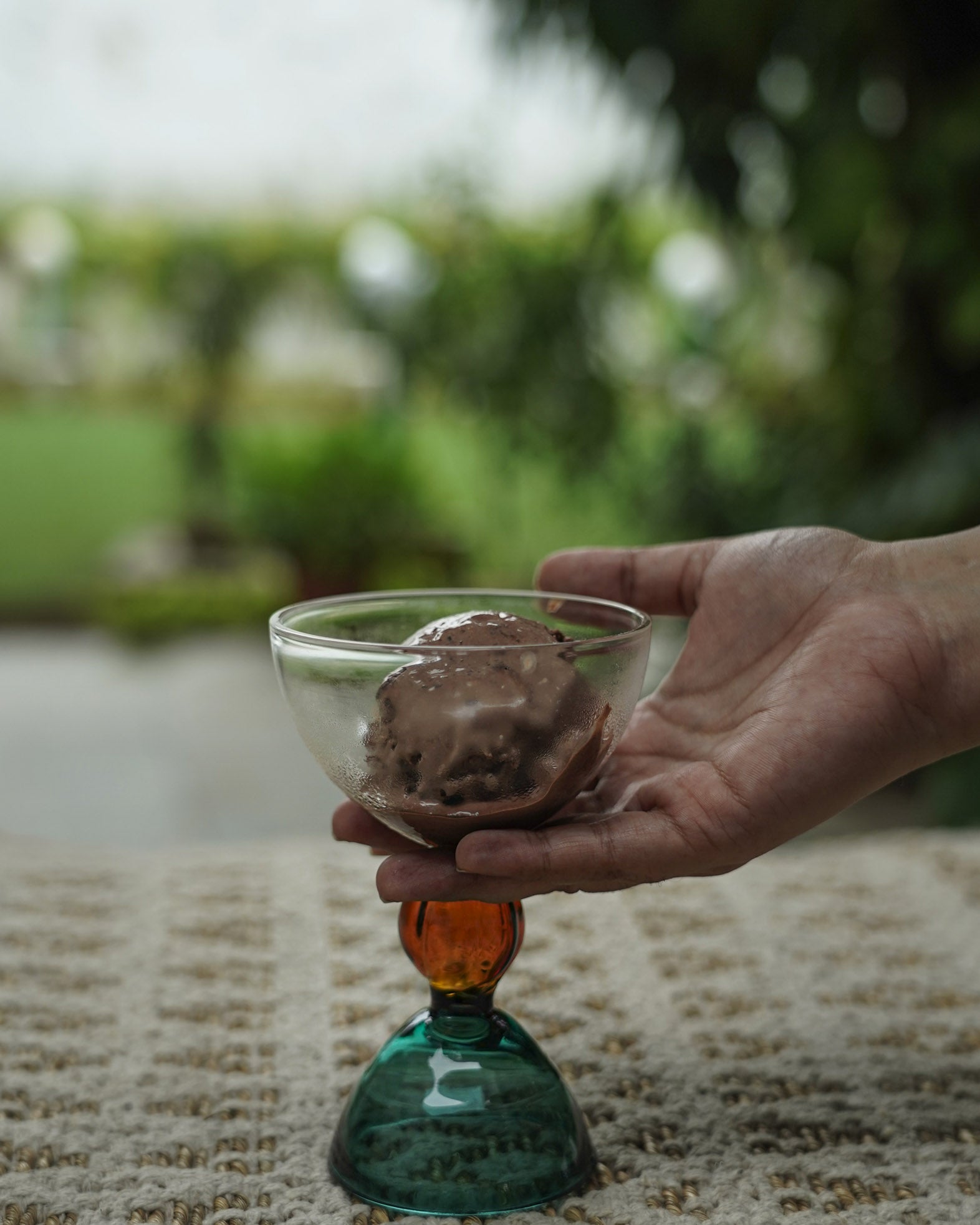 Triple coloured fused glass, mouth blown dessert cup, ergonomic for cold and hot desserts, coloured borosil